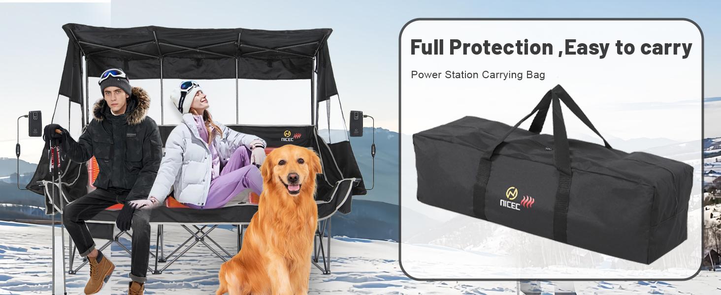 Outdoor Heated 3-Person Camping Chair with Canopy — Heated 2-Person Camping Chair, Oversized Padded Portable Sports Chair with Shade, Cup Holder & Cooler Bag, Suitable for Lawn & Outdoors