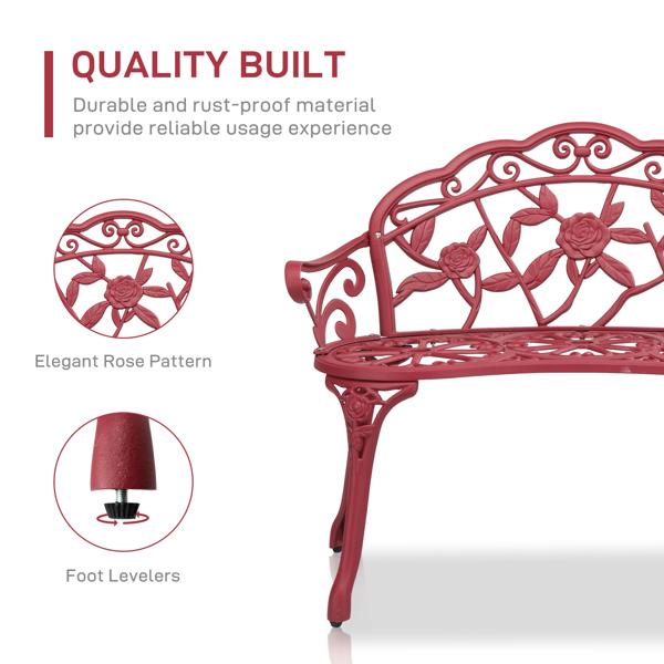 Outdoor Cast Aluminum Patio Bench for Garden Porch Antique Rose Vintage Style Weather Resistant Durable Red Finish