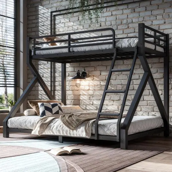 [Bellemave]Bunk Bed with ladders, Metal Bunk Bed with Full Upgraded Support Slats, Low Profile Bunk Bed, Black