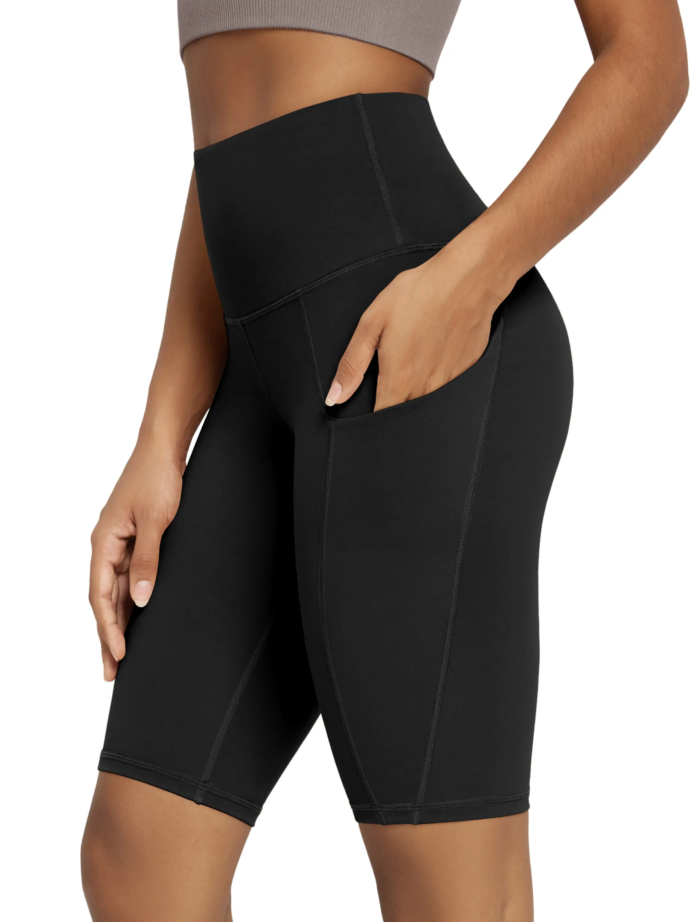 ODODOS Female Tummy Control Biker Shorts 2.0 with Side Pockets, High Waist, Odlex Fabric, 8" Inseam - Multi-Size Black Athletic Workout Yoga Shorts