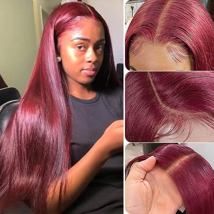 Pizazz Hair 13x4 HD Lace Front Wig Human Hair Wigs 99J Burgundy Straight Lace Frontal Human Hair Wigs with Pre-Plucked Natural Hairline