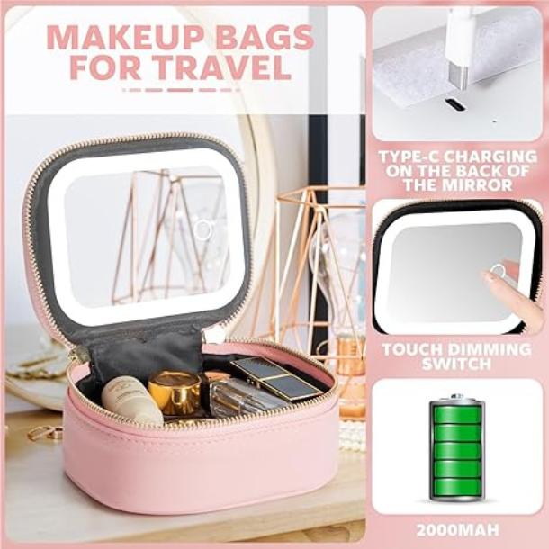 [New Deal] Small Makeup Bag Travel Train Case with Mirror and Light Mini Travel Make up Train Case Cosmetic Organizer Adjustable Brightness Toiletry Bag Portable Artist Storage