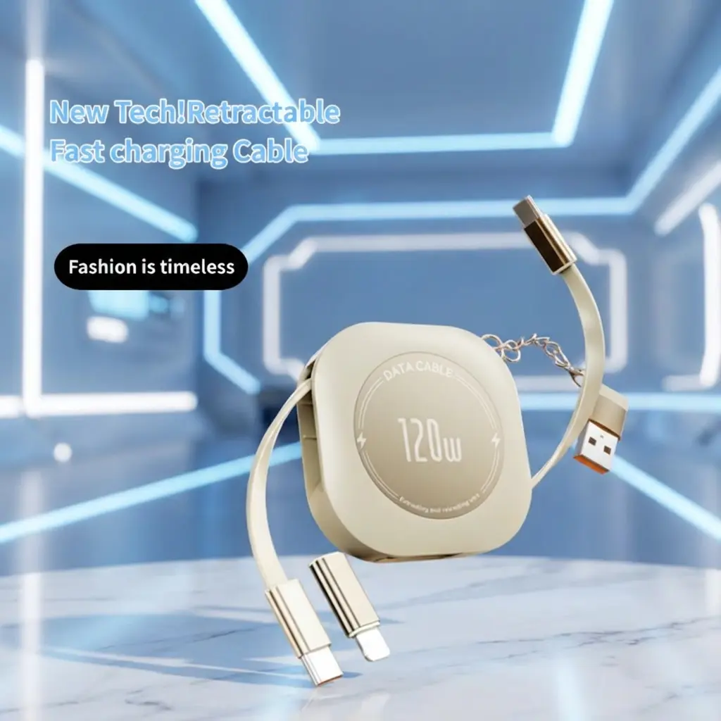 4-in-1 Retractable 120W Universal Charge Auto-Return Cable for iPhone Android iPad Samsung 4ft Lengths for Gaming Office Car Travel Compatible with iPhone Samsung Type-C Charging