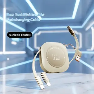4-in-1 Retractable 120W Universal Charge Auto-Return Cable for iPhone Android iPad Samsung 4ft Lengths for Gaming Office Car Travel Compatible with iPhone Samsung Type-C Charging