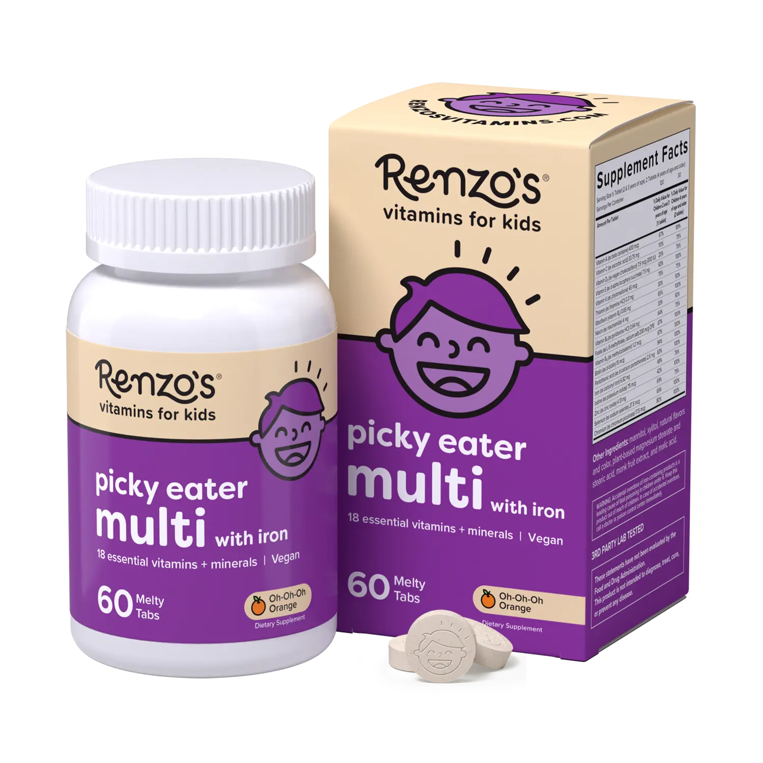 Renzo's Vitamins Picky Eater Multivitamin Dietary Supplements with Iron for Kids - 60 Melty Tabs