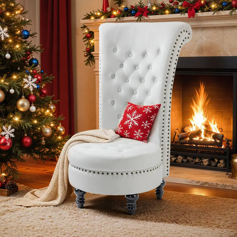 Velvet Upholstered Accent Chair with Storage, White High Back Chair with Nailhead Trim, Button Tufting & Wooden Legs