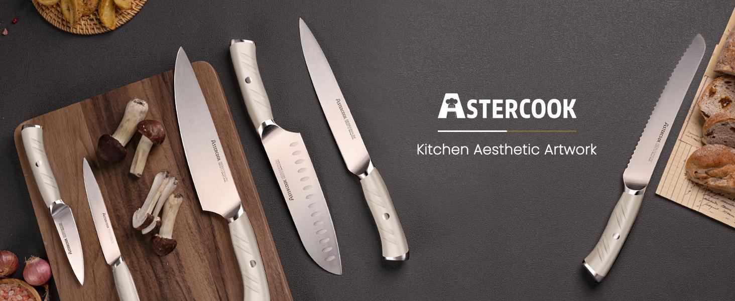 Astercook kitchen knife set, with German 1.4116 steel, sharp and rust-resistant, ergonomic nylon handle, dishwasher safe, black Block Steak Wood