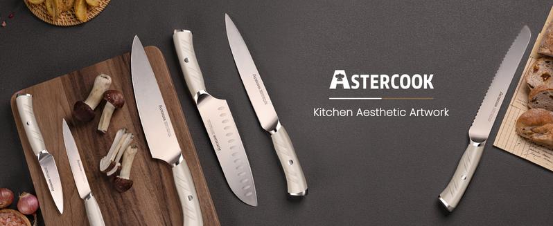 Astercook kitchen knife set, with German 1.4116 steel, sharp and rust-resistant, ergonomic nylon handle, dishwasher safe, black Block Steak Wood