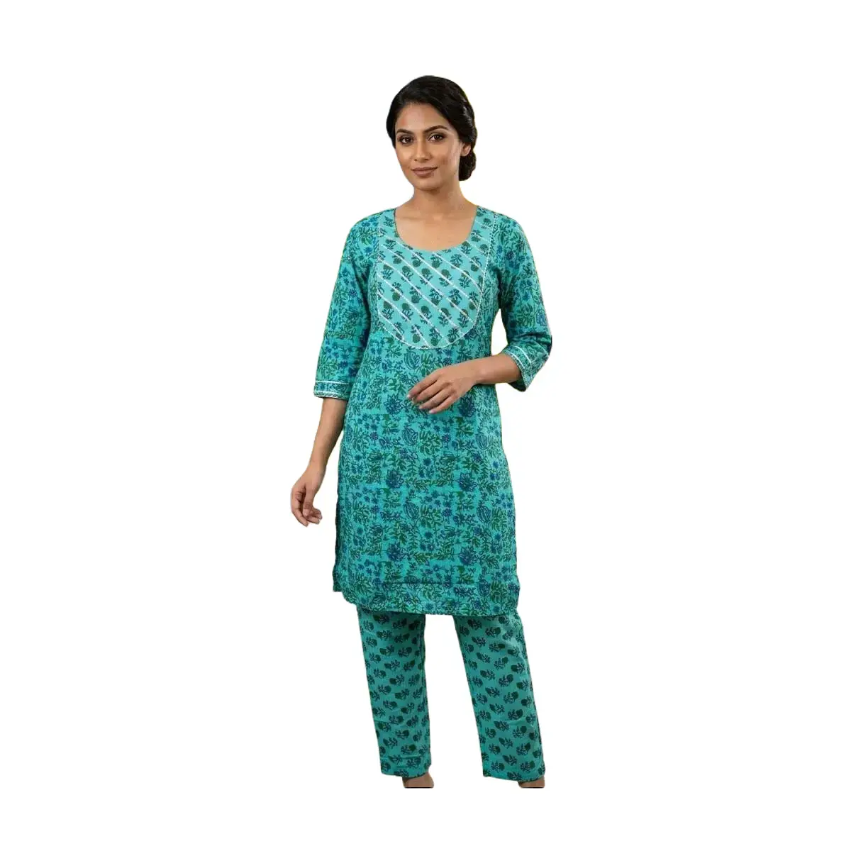 #2PS-24 Teal Floral Printed Kurti & Pant Set with Contrast Yoke | 3/4 Sleeves | Comfortable Daily Wear