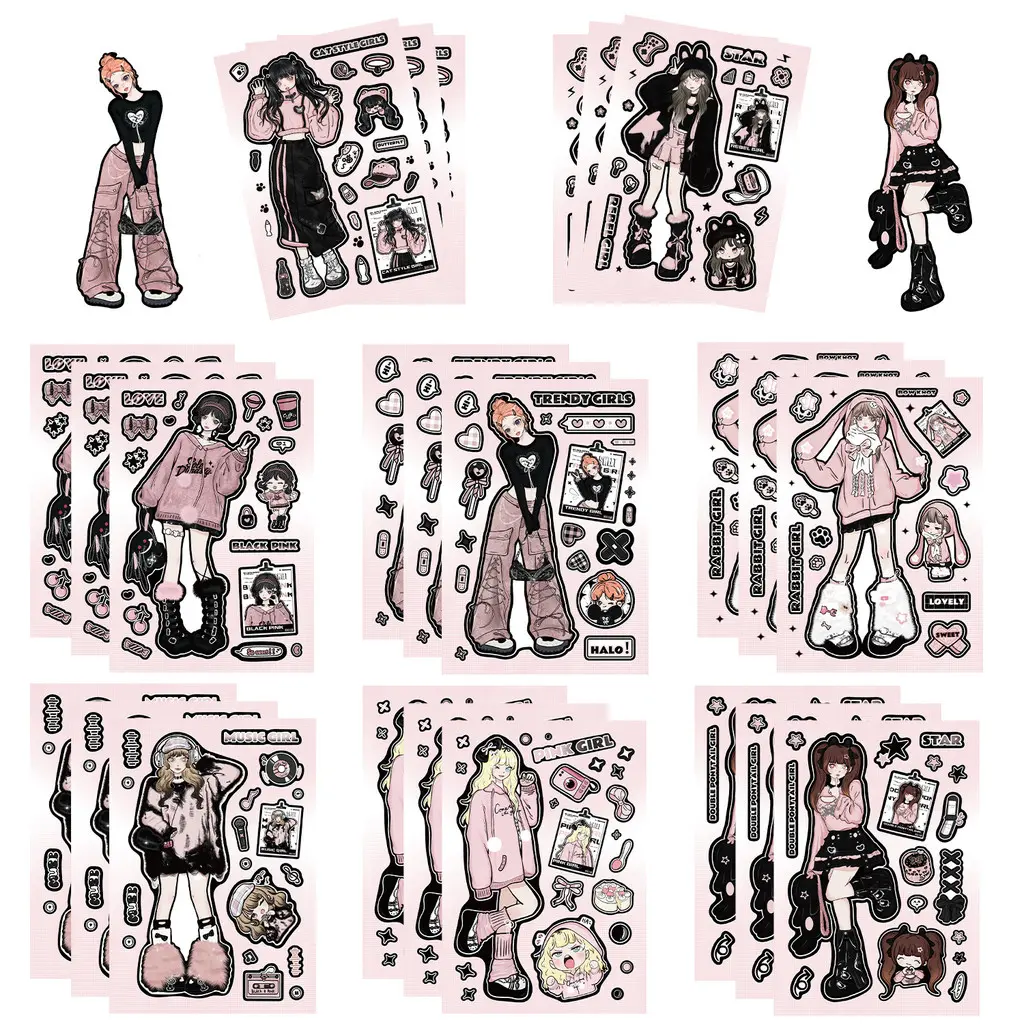8Sheets Black Pink Girl Gooka Graffiti Stickers Graffiti Stickers for Bicycle Hand Account Pencil Case Decals LanLanStickersWorld