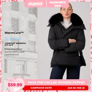 PUFFIT WarmCore Premium Removable Faux Fur Collar Puffer With Detached Hood,Removable Faux Fur Collar,Side Zipper Design,Windproof Sleeves,High-Density, High-Twist Fabric,Detachable Hood, Elegant And Appearance