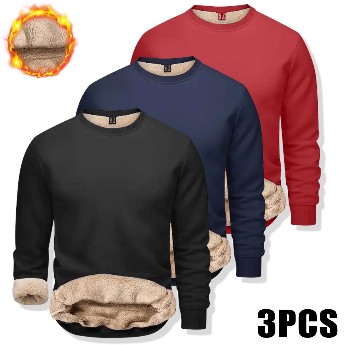 Pack of 3 men's solid color crew neck warm shirts, long-sleeve casual tops for autumn and winter, featuring a casual warm style with a windproof fabric made of faux fleece lining for everyday wear. SpringStatements