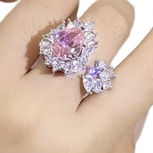 The Flamingo Pink Pear and CZ Clusters Adjustable Ring