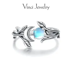 925 Synthetic Moonstone Open Ring with Hypoallergenic Sterling Silver, Triple Moon Style  Goddess Hecate Ring Protection, Vintage and Elegant Moon Ring Jewelry for Women, Perfect for Daily Wear