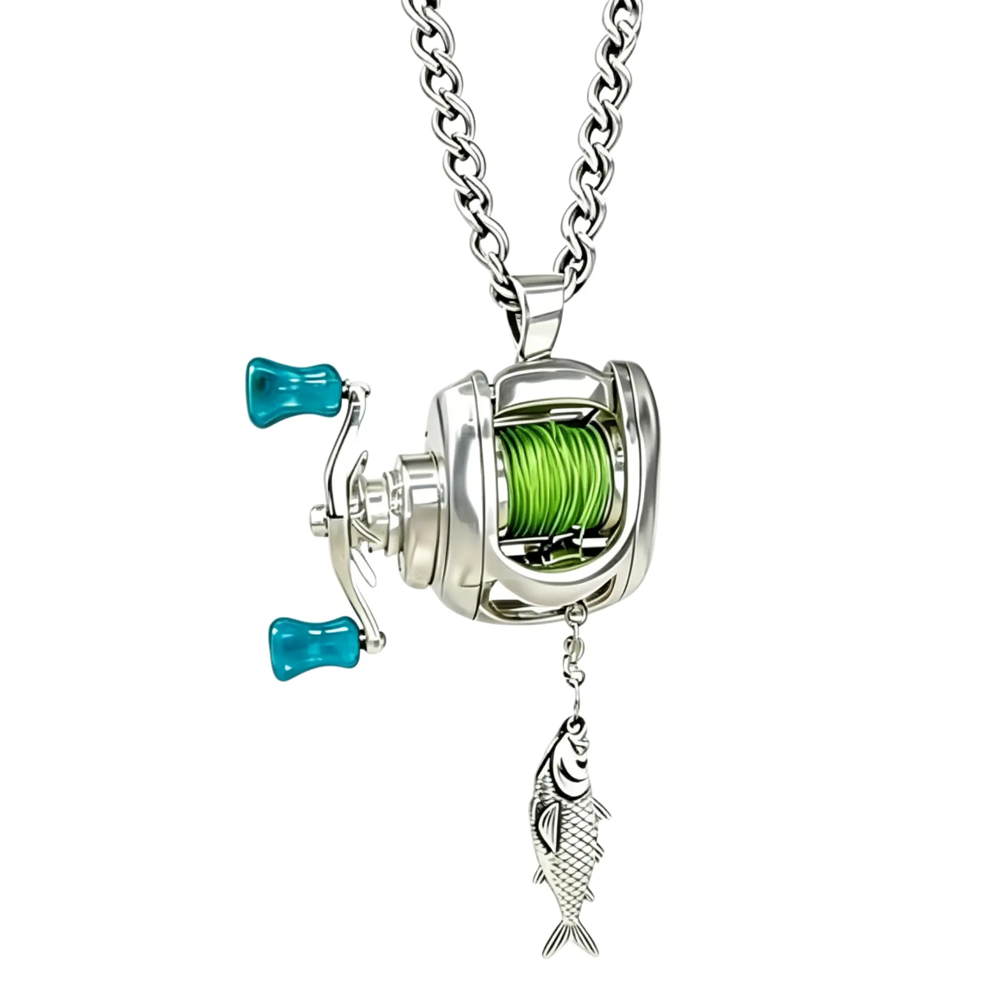 Mini Fishing Reel Necklace - Stainless Steel Interactive Pendant with Adjustable Real Line, Fish Charm, Necklaces for Women, Unique Fidget Gift for Anglers