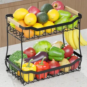 2/3 Tier Square Metal Fruit Basket for Kitchen Counter, Stackable Fruit and Vegetable Storage Basket with Open Wire Design for Air Circulation, Large Capacity Countertop Organizer for Fruits, Snacks, Bread, Produce Storage, Modern Kitchen Decor
