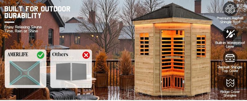 AMERLIFE Infrared Sauna for 1/2/4 Person, Low EMF 930W/110V&1463W/110V&2145W/110V Hemlock Wood Sauna with Tourmaline Foot Warmer, 7-Color Light Therapy, Salt Crystal Bricks, Easy Assembly