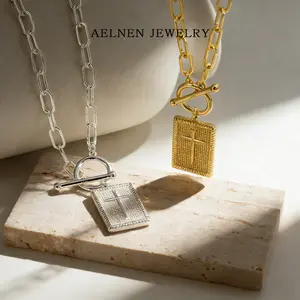 AELNEN Jewelry Dual-Tone Cross Pendant Necklaces - Minimalist Verse Plaque & Bold Chain Necklaces - Luxury Everyday Jewelry