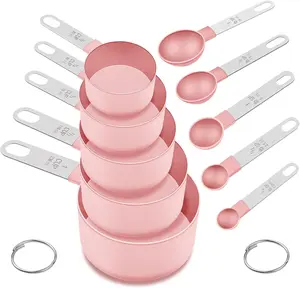 Measuring Cups and Spoons Set, 10 Pieces Nesting Measure Tools, Kitchen Essentials Gadgets with Stainless Steel Handle for Dry & Liquid Ingredient, Pink FONYA