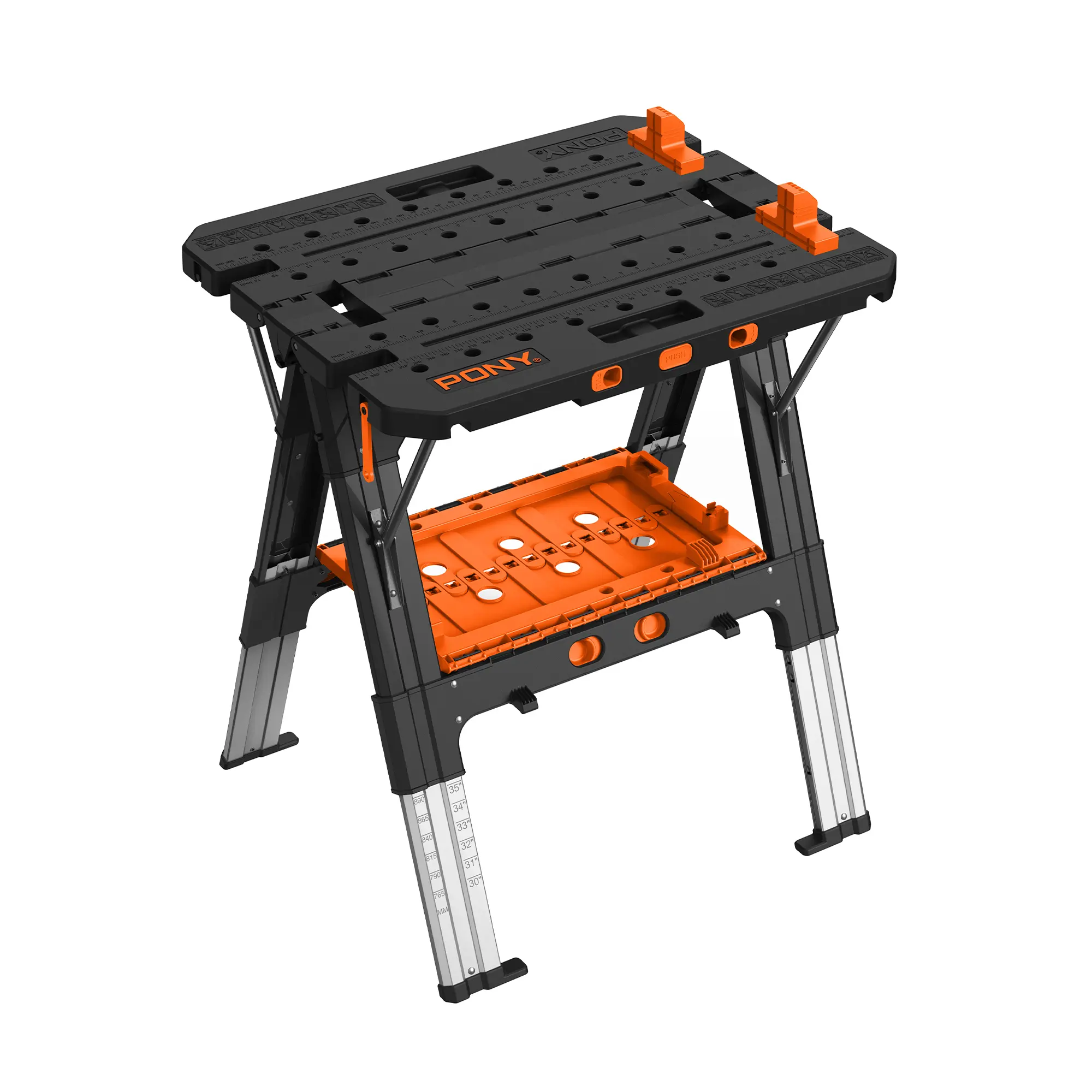 Pony Portable Folding Work Table, Workbench & Sawhorse | 2-in-1 Design, 31"x25"x25"-35" Height Adjustable, Heavy Duty, 4 Bench Dogs, for Woodworkers & DIYers