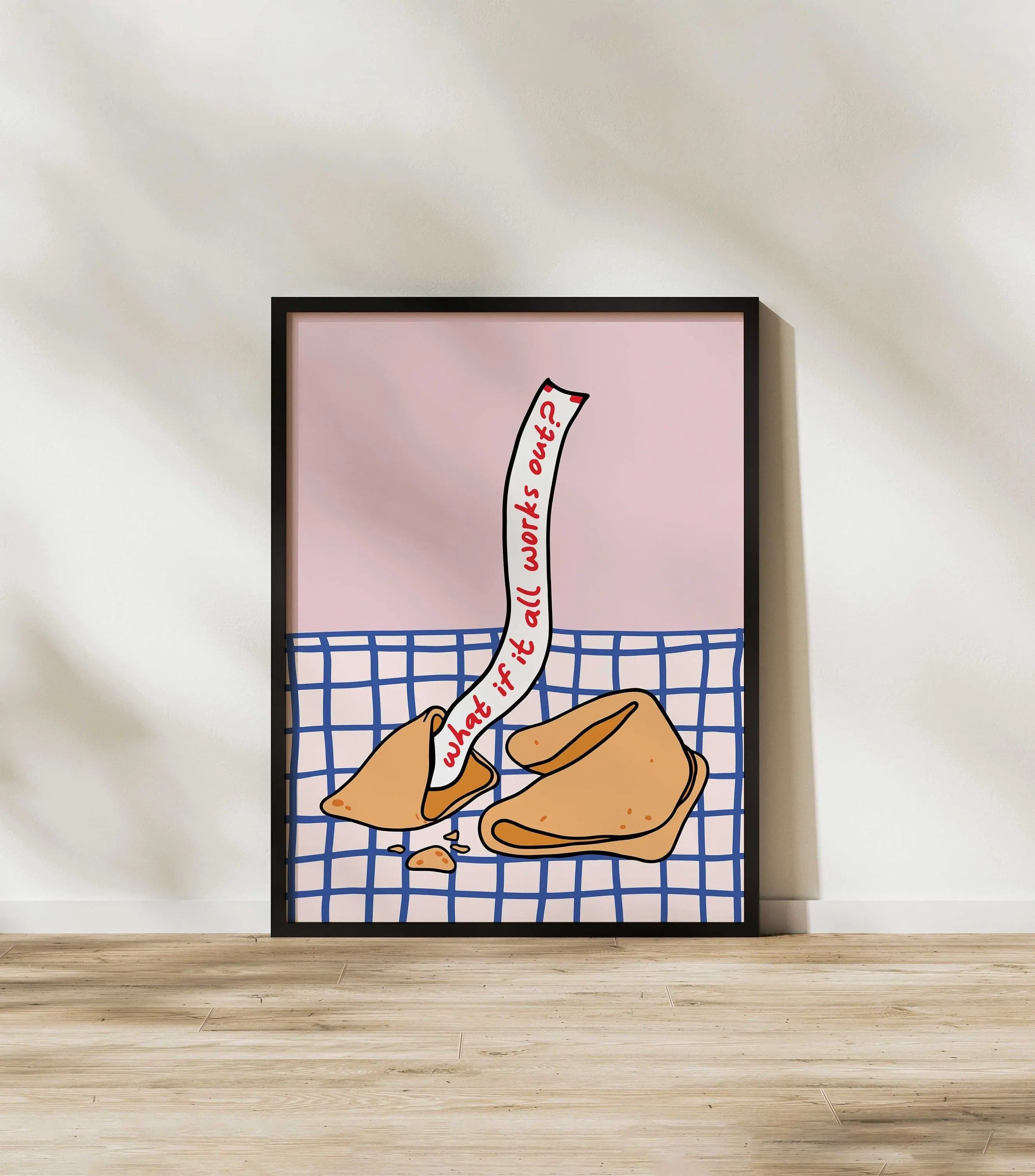 [Sale Up To 50%] What If It All Works Out Fortune Cookie Print, Retro Pink Blue Red Poster, Motivational Inspo Quote Wall Pop Art, Hand Drawn Dorm Wall Decor