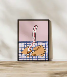 [Sale Up To 50%] What If It All Works Out Fortune Cookie Print, Retro Pink Blue Red Poster, Motivational Inspo Quote Wall Pop Art, Hand Drawn Dorm Wall Decor