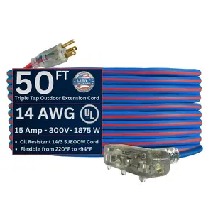 US Wire and Cable 14/3 Gauge Extreme Cold Weather Triple Tap Extension Cords – Heavy-Duty, 221°F to - 94°F Rating, Lighted Plug, SJEOOW, Weather-Resistant, Ideal for Outdoor Use
