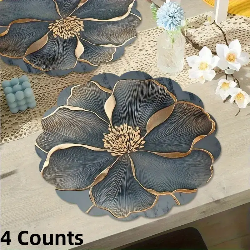 Floral Pattern Circular Placemats Set of 4, Anti-Slip Heat-Resistant Polyester Table Mats, Dining Accessories
