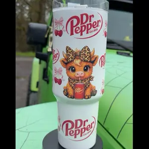 Dr Pepper Tumbler 40oz Stainless Steel Handmade Lid Straw Bottle Drinkware Water Bottles Cup Mug Portable Bottled Washable Reusable Insulated Flasks Travel Highland Cow Trending