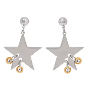 Two Tone Hoop Pierced Star Dangling Earrings - Pair - Stainless Steel