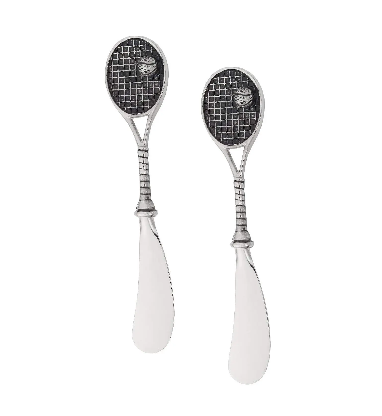 Tennis Racquet Cheese Spreader Set, Zinc Alloy Butter Spreaders with Decorative Handles for Cheese, Cream, and Dips, Silver, 5.5 Inch, Set of 2