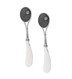 Tennis Racquet Cheese Spreader Set, Zinc Alloy Butter Spreaders with Decorative Handles for Cheese, Cream, and Dips, Silver, 5.5 Inch, Set of 2