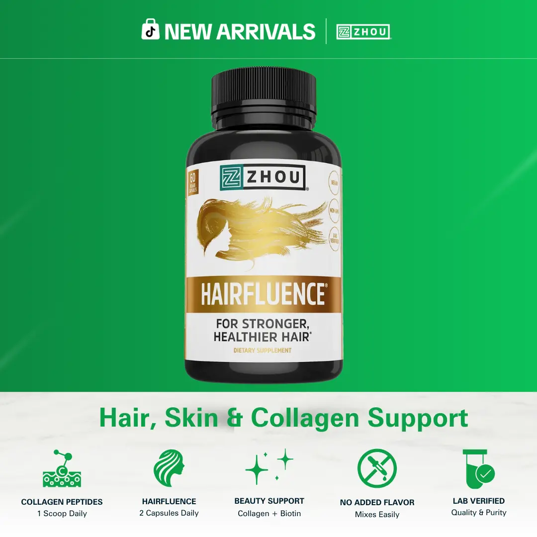 Zhou Hairfluence Hair Vitamin Supplement — Biotin + Collagen + Keratin + Bamboo Extract — Daily Hair, Skin & Nail Support for Men and Women