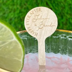 50 Custom Wood Stir Sticks, Happy Ever After Cocktail Sticks, Wedding Drink Stirrers, Design by Yaya - Round Top