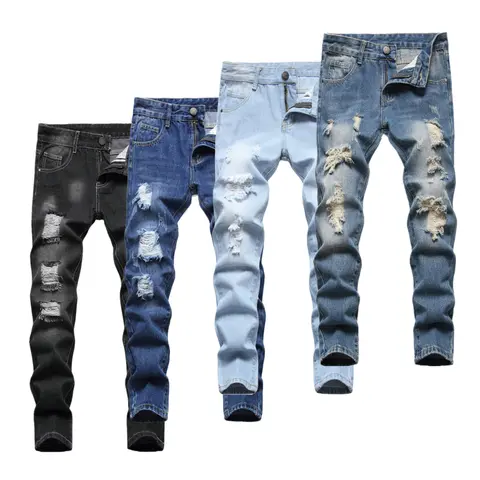 Boys' Plain Slim-Fitting Cotton Blend Denim Jeans - 8% Polyester, Ripped Distressed Washed Look, Streetwear Vibe, Casual Kids Bottoms, Everyday Outfit Upgrade