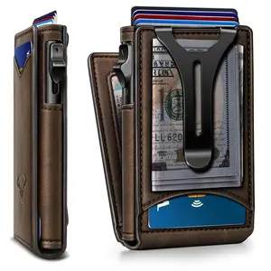 Men's wallet, wallet, ultra-thin gift, metal credit card holder, magnetic leather flip cover