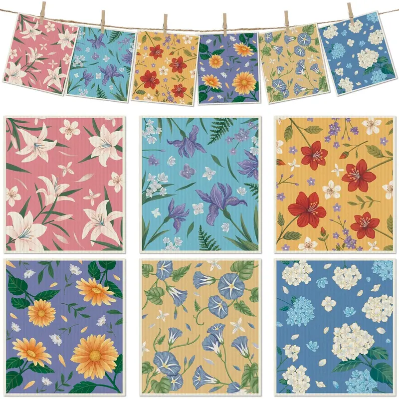 6-Pack Tencel Floral Swedish Dishcloth Sets, 19x18cm (7.1×7.5in) Durable Reusable Cotton Cleaning Cloths, Absorbent Quick-Drying Mildew-Proof Scratch-Free Wipes, Dishwasher Safe for Kitchen Use, Ideal Gift for Mother's Day