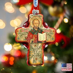 G.DeBrekht 758-004 4 x 3 in. Saint Nicholas Icon Cross Glass Ornaments