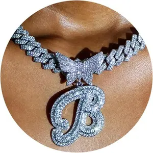 Cuban Link Chain for Women Cursive  Initial 14MM Diamond Prong Cuban Chain Hip Hop Iced Out Chain Necklace Butterfly Initial Letter Name Necklaces for Women