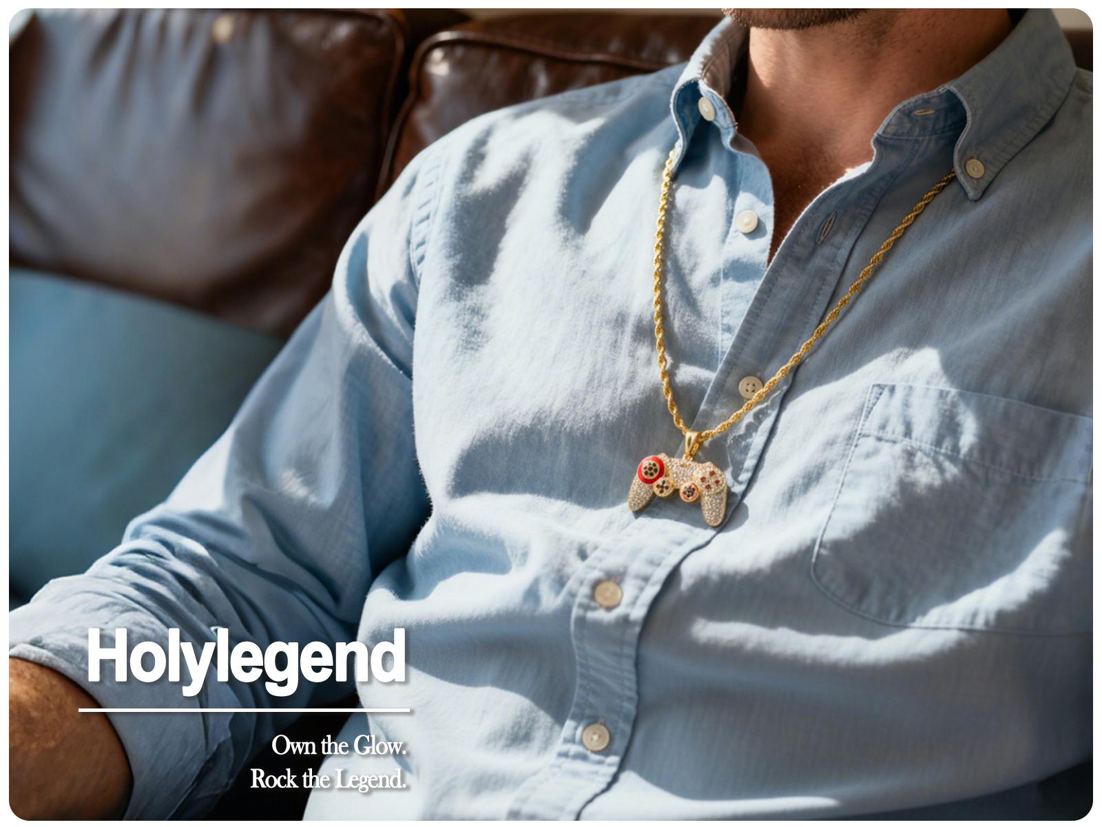 Holylegend 14K Real Gold-Plated Game Controller Necklace, Sony-Inspired CZ Diamond Pendant, 24" Cuban & Rope Chain, Hip Hop Jewelry Gift for PlayStation Fans