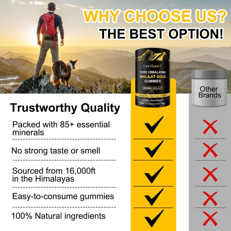 ONEBTANICL Pure Himalayan Shilajit Gold Gummies 3000MG Lab Tested No Sugar Added with Ashwagandha Gokshura & 85+ Trace Minerals 60 Count