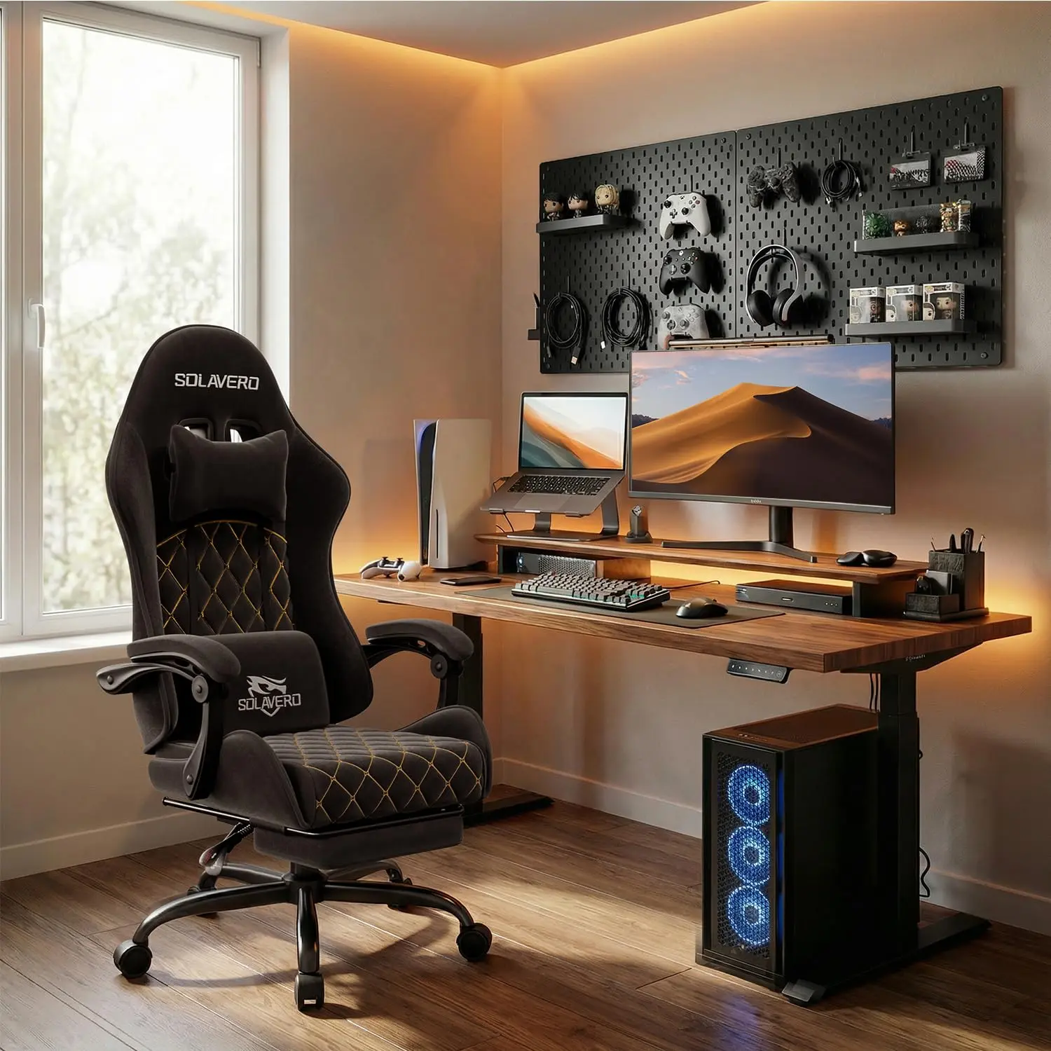 HLDIRECT Ergonomic Breathable Fabric Gaming Chair - Single-Seat Office Furniture with S-Curve Back, Head Support, Lumbar Support, Adjustable Footrest, Height-Adjustable, Metal Frame, 200 lbs Load Capacity, Assembly Required