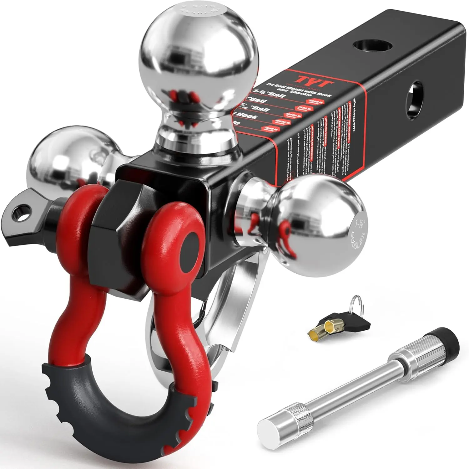 TYT Tri Ball Trailer Hitch Mount 2" Receiver - 3-in-1 Towing System w/ 2-5/16" 2" 1-7/8" Hitch Balls, Locking Security Pin, Tow Hook & Clevis Shackle - Heavy Duty for Trucks, RV, Boat Trailers