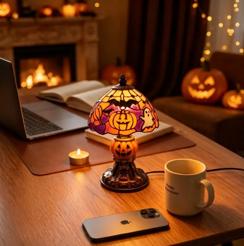 Retro Pumpkin Bat Pattern Desk Lamp - Vintage Glow Night Light with Nightstand Compatibility, Cozy Halloween Decor Gift for Home Stylists, Haunted Vibe for Bedroom
