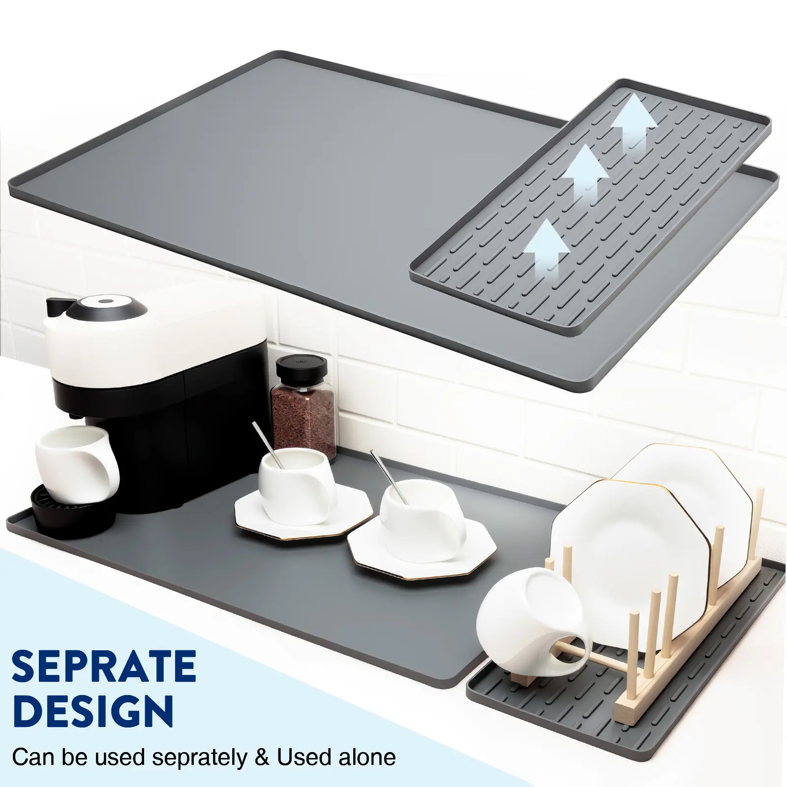 SCYFREID 2-Piece Plain Modern Tableware Set - Rectangle Anti-Slip Border Placemats & Coasters, 24in x 16in Waterproof Ribbed Bendable Silicone, Raised Edges, Shock-Reducing, Detachable Parts, Dish-Safe Kitchen Accessory
