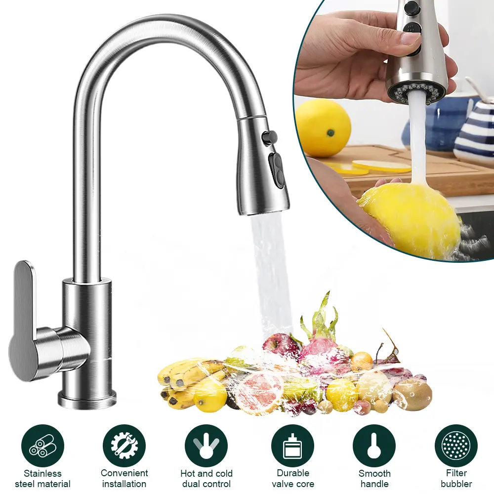 SummerVibes Waterfall Kitchen Faucet - High-Arc Single-Handle Pull-Down Sprayer, Durable Brushed Nickel Steel, Modern Home Improvement Handheld Spray Combo Faucet Kitchen Tap, Faucet Kitchen Taps