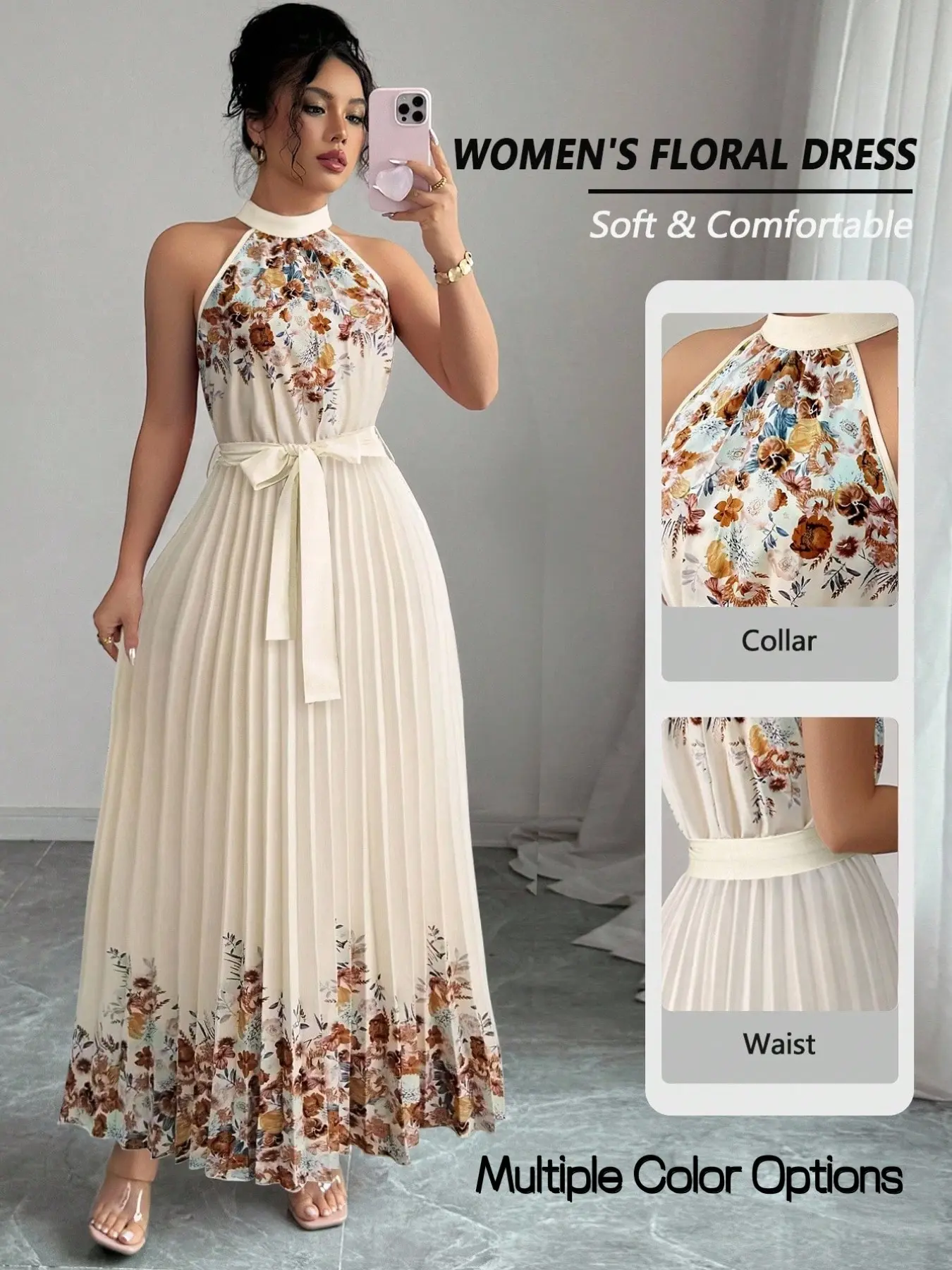 Women's Summer Halter Chic Floral Print Long Dress, A-Line Sleeveless with Waist Tie, Perfect for Daily Casual, Vacation Wear and Chic Beach Wear