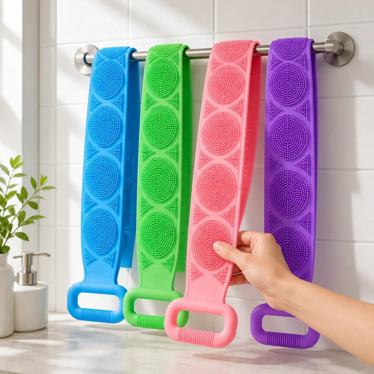 1PCS Silicone Bath Brush, Double-Sided Exfoliating Back Scrubber with Mesh Sponge, Long Body Scrub Strap with Soft Bristles & Handles, Shower Bath Tool for Back, Body Cleaning, At-Home Self Care