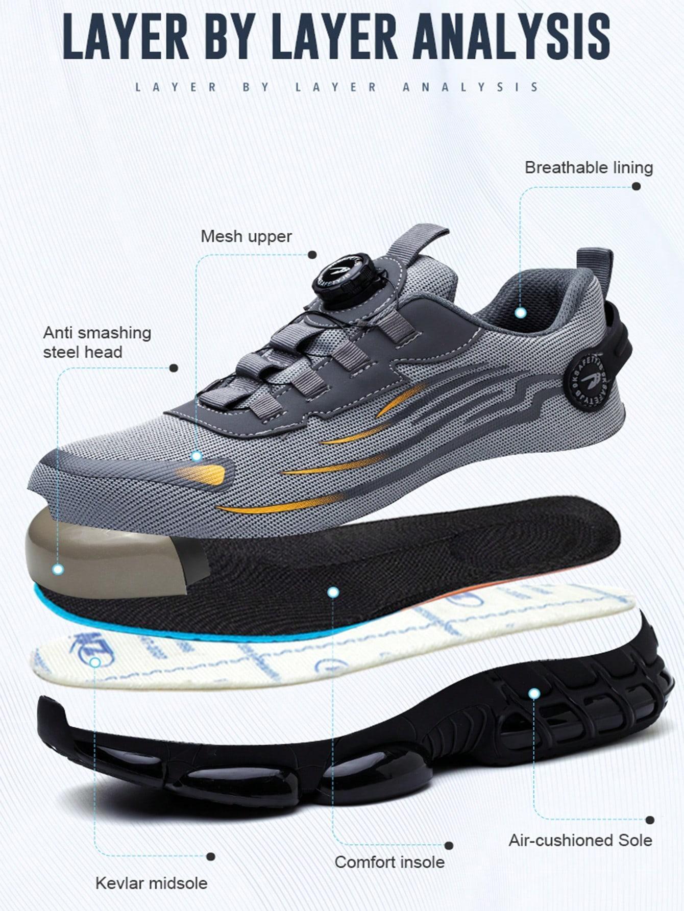 Men's Breathable Mesh Work Sneakers Durable Anti-Slip Safety Shoes with Steel Toe Protection Comfort Fit for All Seasons Casual Striped Design Elastic Closure Non-Slip EVA Sole Black Gray Soft Bottom Fabric Upper TPU Outsole