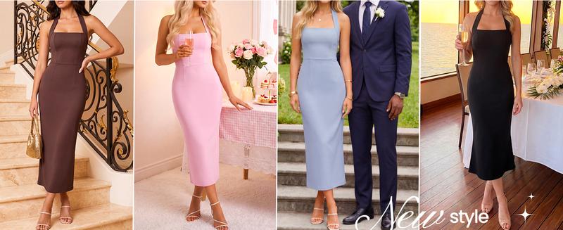 ZESICA Women's 2026 Summer Sleeveless Midi Dress Halter Neck Blackless Wedding Guest Cocktail Party Bodycon Long Dresses ZESICA Women's 2026 Summer Sleeveless Midi Dress Halter Neck Blackless Wedding Guest Cocktail Party Bodycon Long Dresses